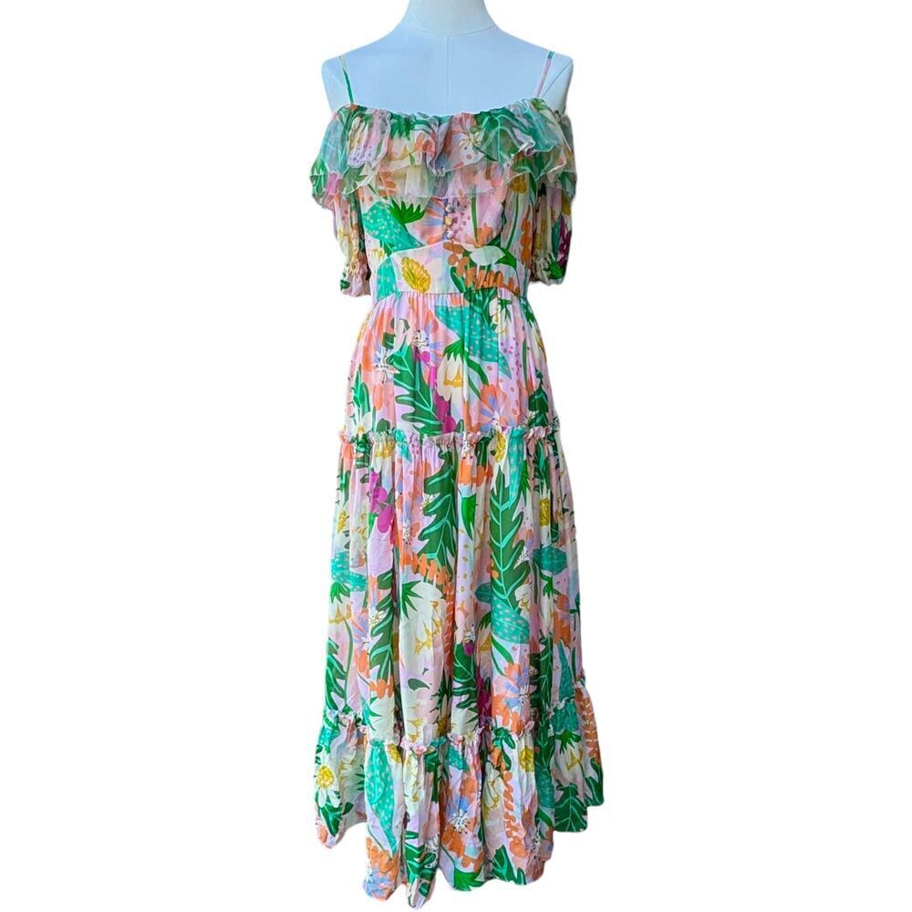 Jessie Liu Silk Summer Floral Tiered Ruffled Midi Dress Resort Pink NWT Small